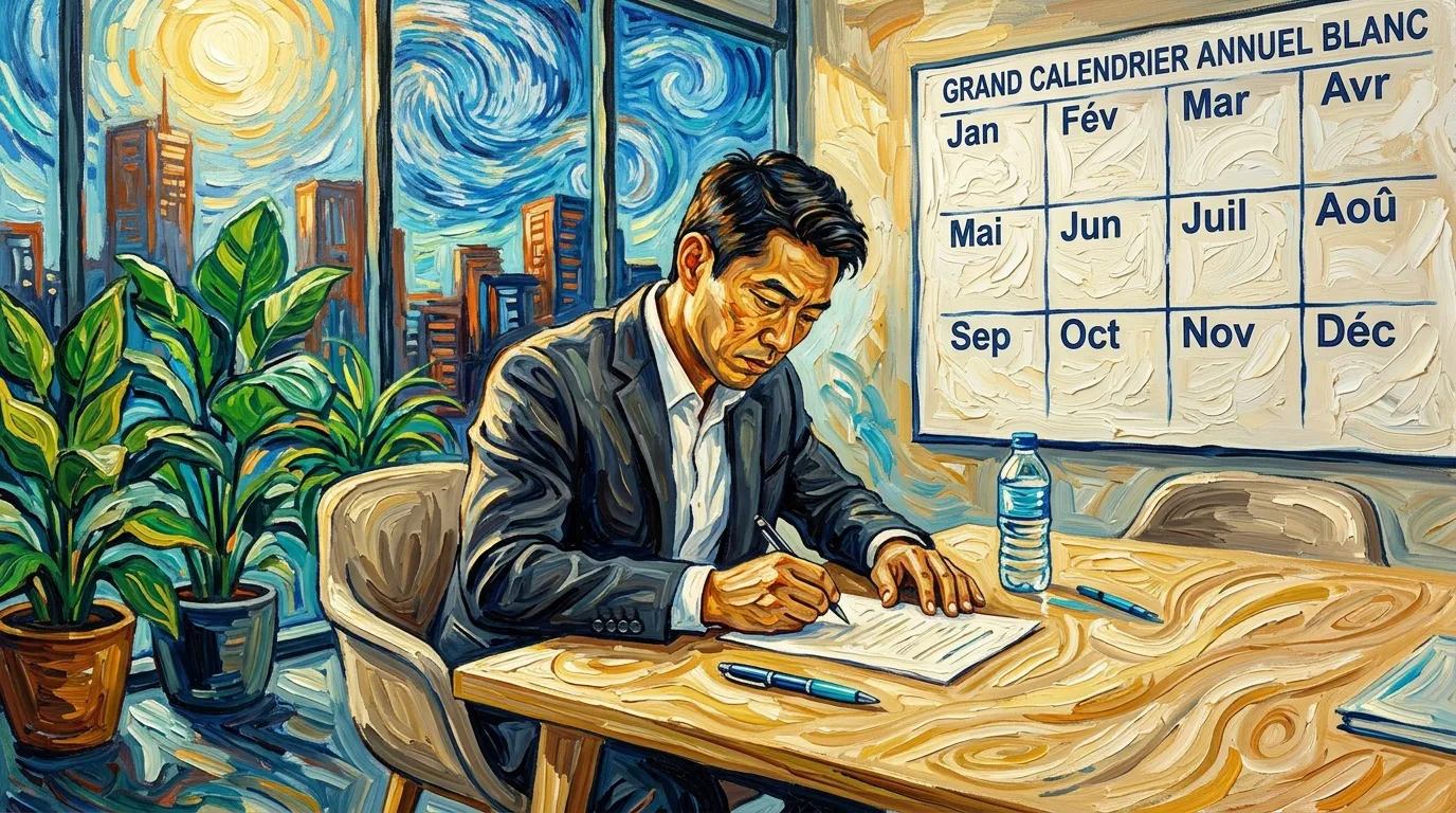 Homme en costume écrit planning devant calendrier annuel