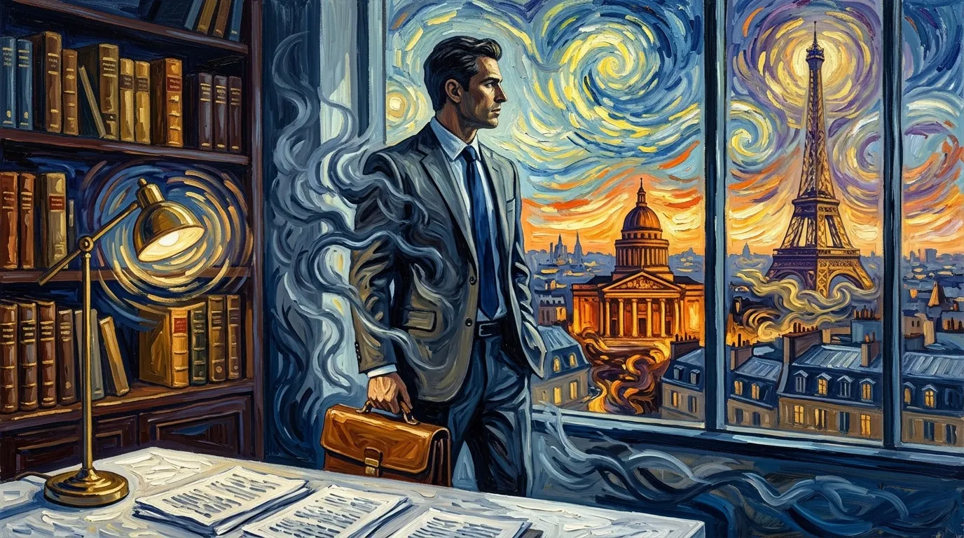 Homme d'affaires regardant Paris la nuit, style Van Gogh