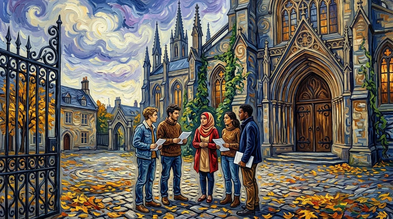 Groupe de touristes visitant cathédrale gothique en automne