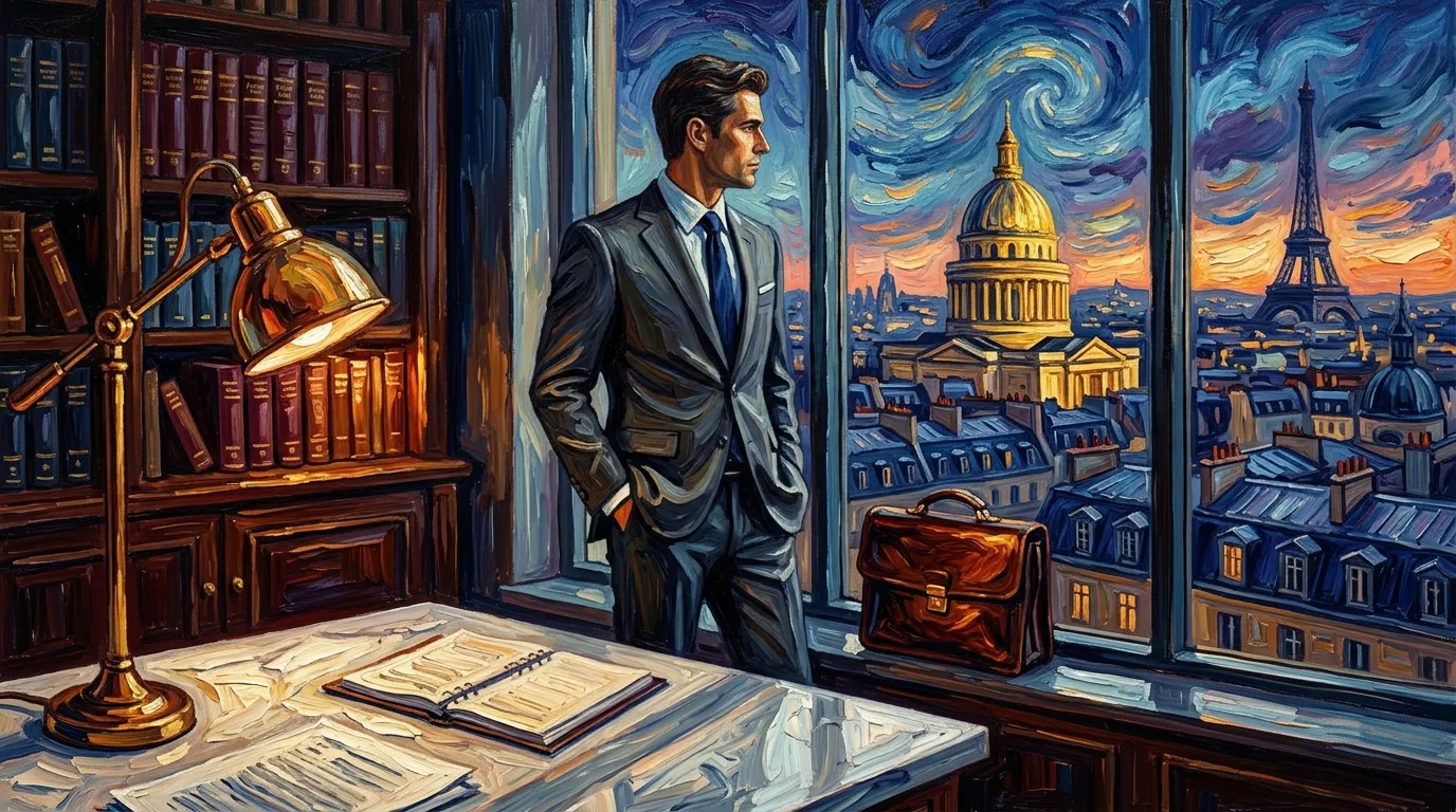 Homme en costume regardant par fenêtre, bureau avec livres et lampe