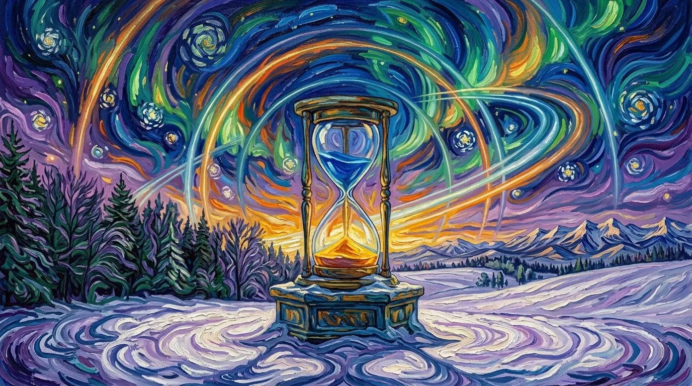 Sablier géant dans paysage neigeux sous ciel tourbillonnant coloré