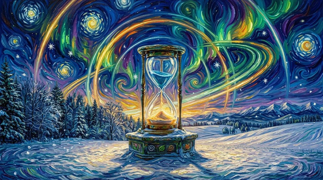 Sablier géant dans paysage hivernal sous ciel étoilé tourbillonnant