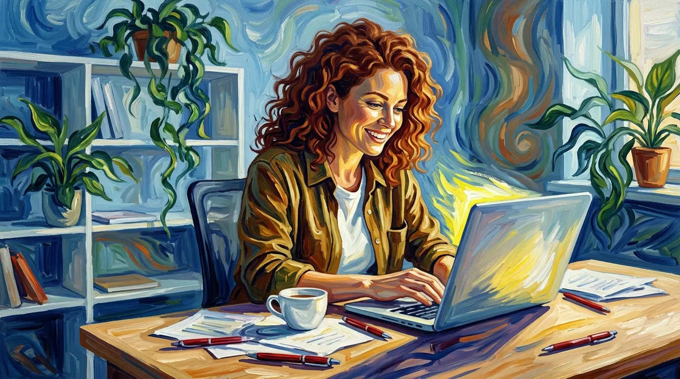 Femme souriante travaillant sur ordinateur portable au bureau fleuri
