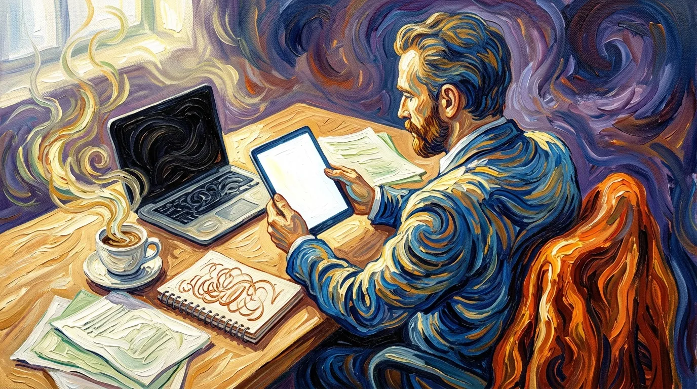 Homme travaillant sur tablette et ordinateur portable, style Van Gogh