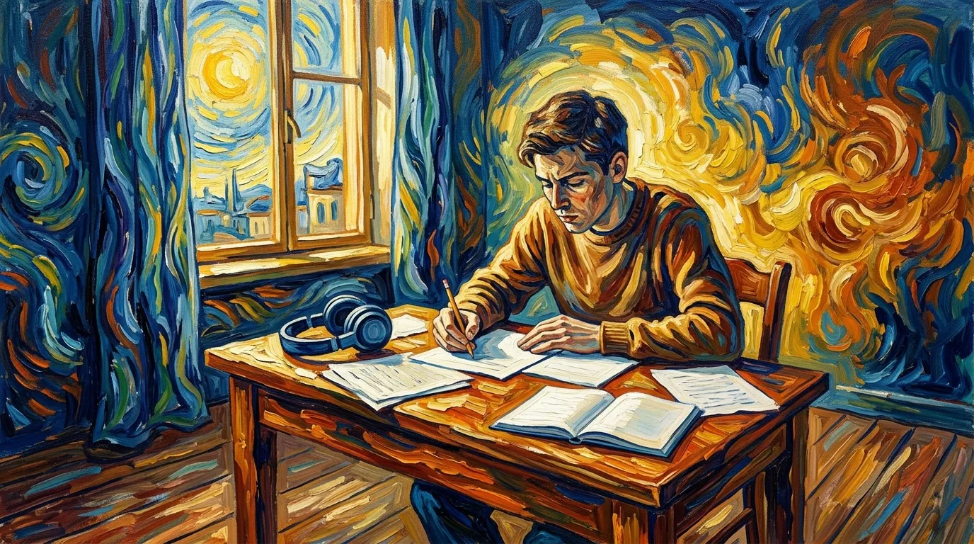 Homme écrivant à son bureau la nuit, style Van Gogh