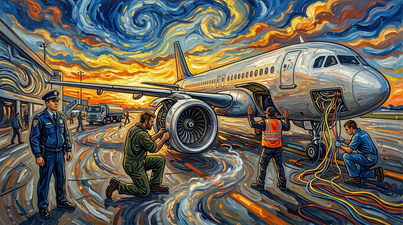 Équipe d'aéroport préparant un avion sous ciel tumultueux
