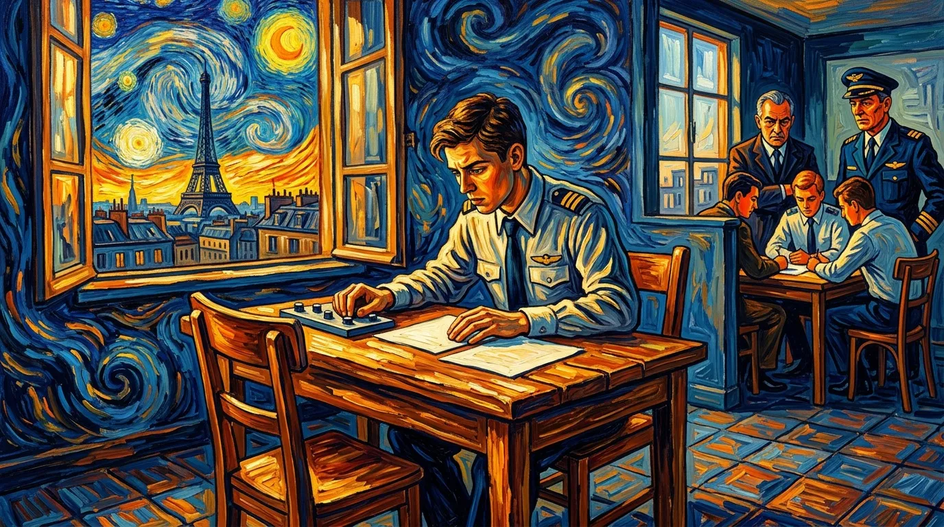 Pilote en uniforme travaillant &agrave; un bureau, style Van Gogh