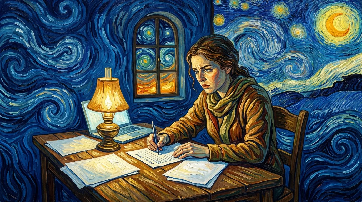 Femme &eacute;crivant &agrave; son bureau la nuit, style Van Gogh