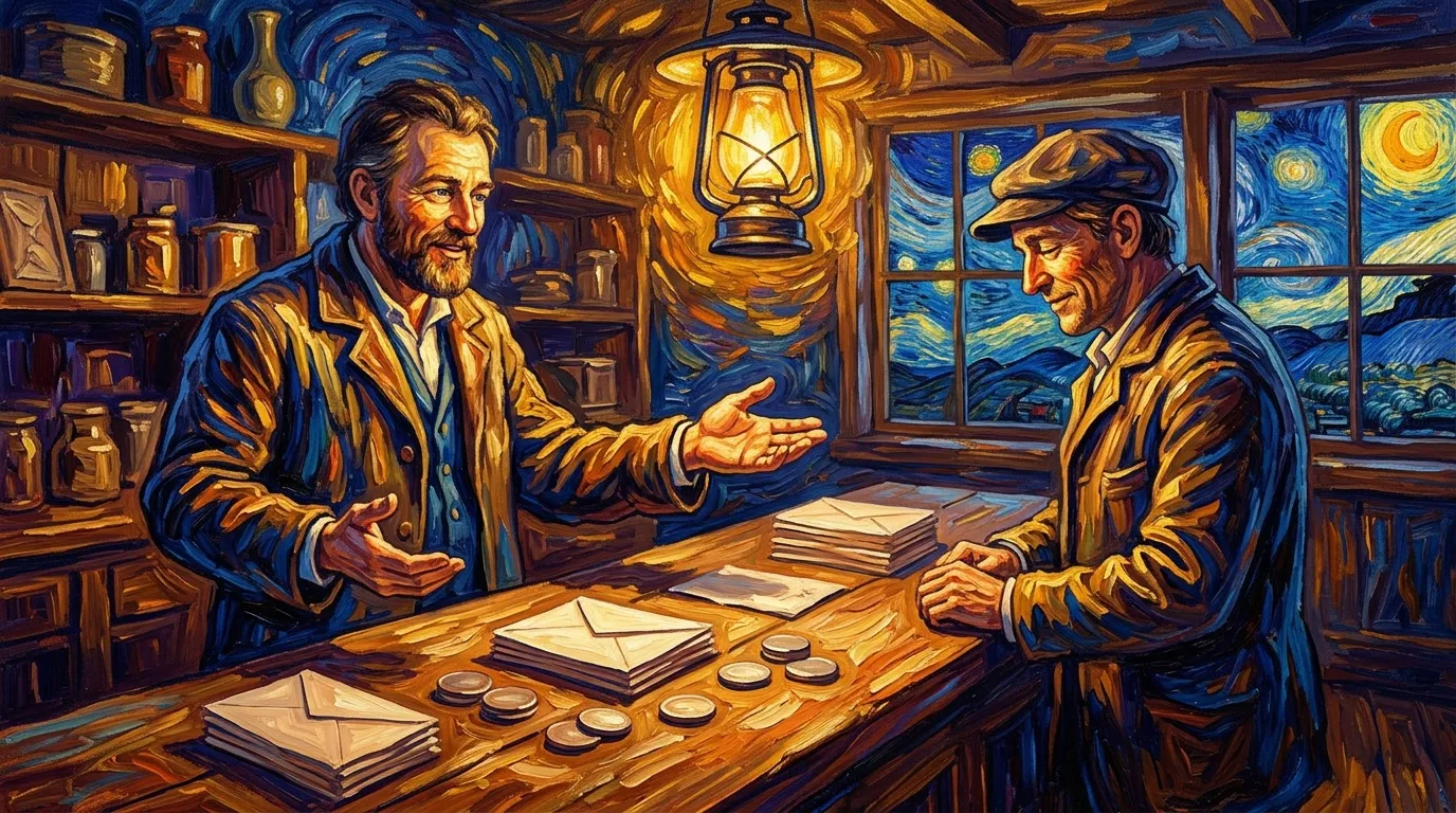 Deux hommes discutent autour d'une table avec lettres et pi&egrave;ces