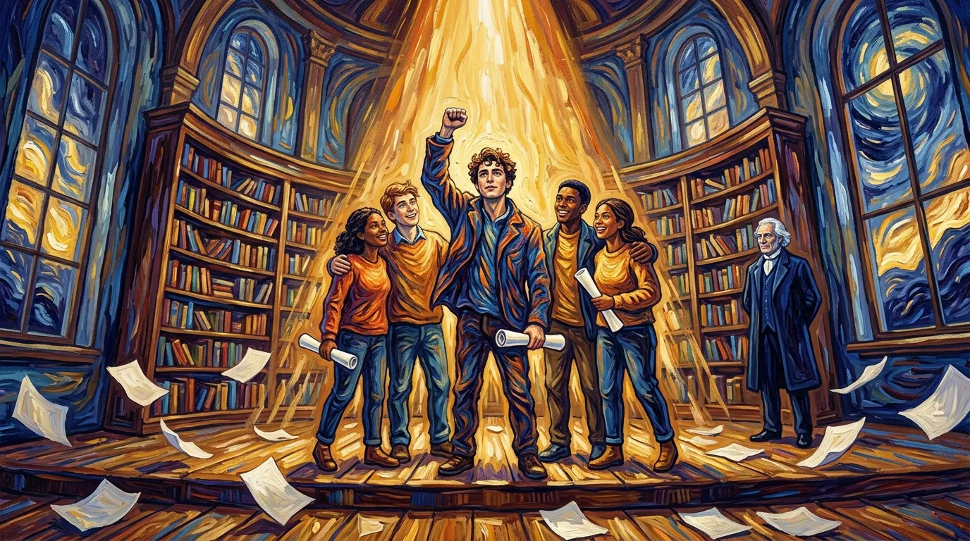 Groupe de jeunes c&eacute;l&eacute;brant dans une biblioth&egrave;que illumin&eacute;e
